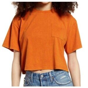 BP Nordstrom Cropped Oversized Pocket Tee Rust Orange Acid Wash Women's XS Amber